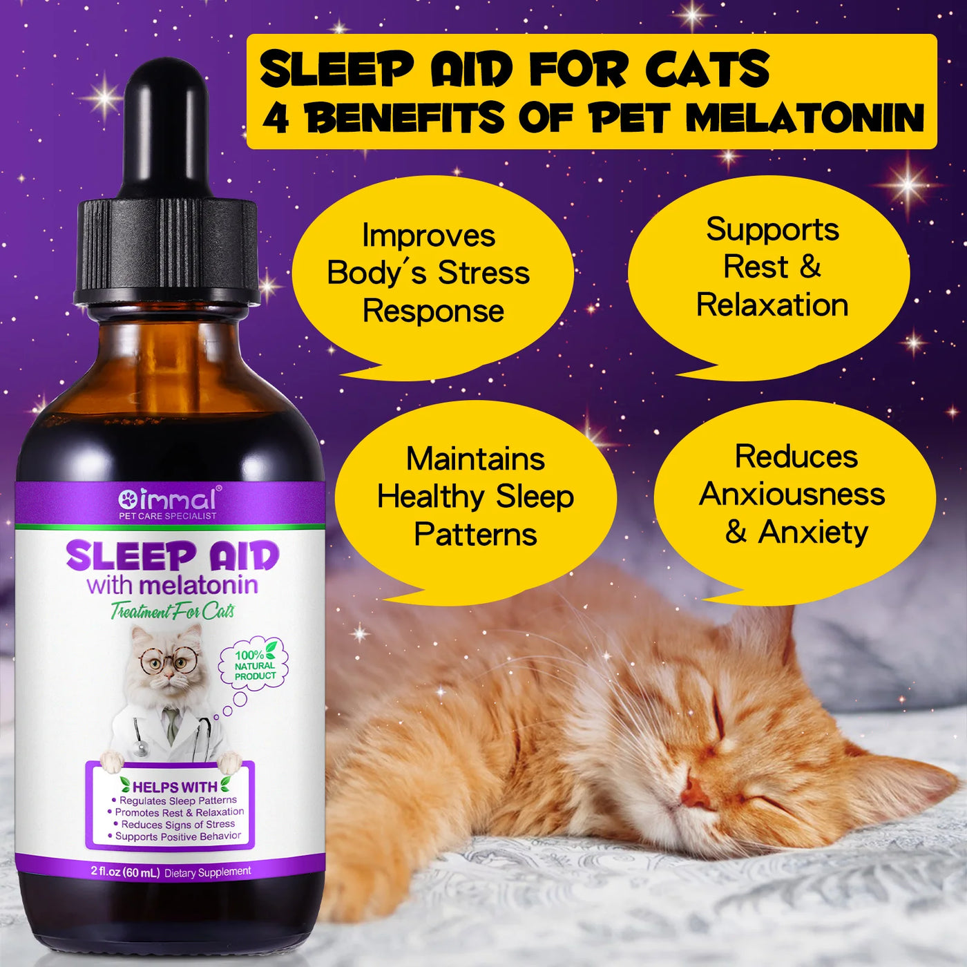 Melatonin for Cats Sleep Aid Supports Healthy Stress Relief Anxiety Relief 100% Natural Liquid Formula Regulates Sleep Patterns