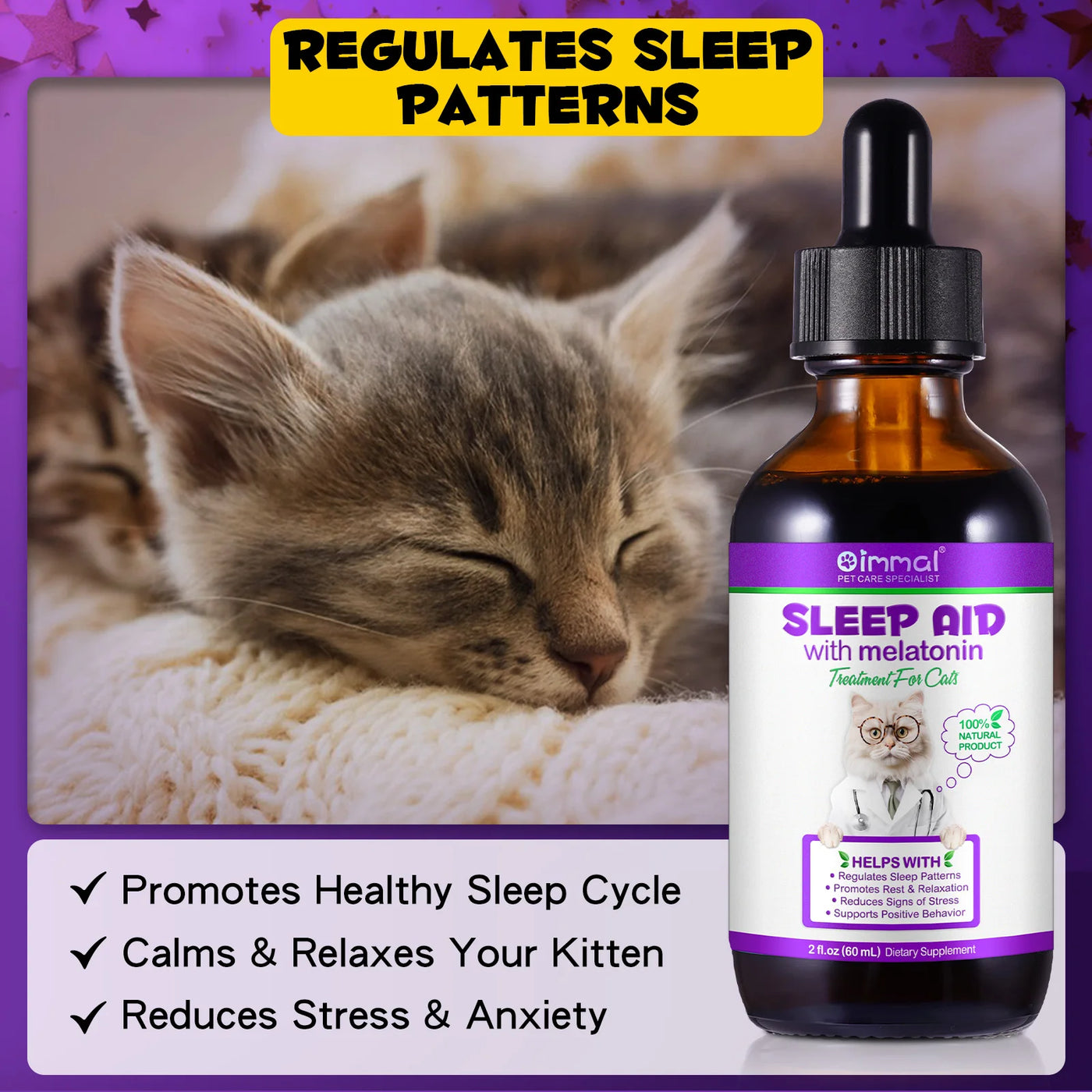 Melatonin for Cats Sleep Aid Supports Healthy Stress Relief Anxiety Relief 100% Natural Liquid Formula Regulates Sleep Patterns