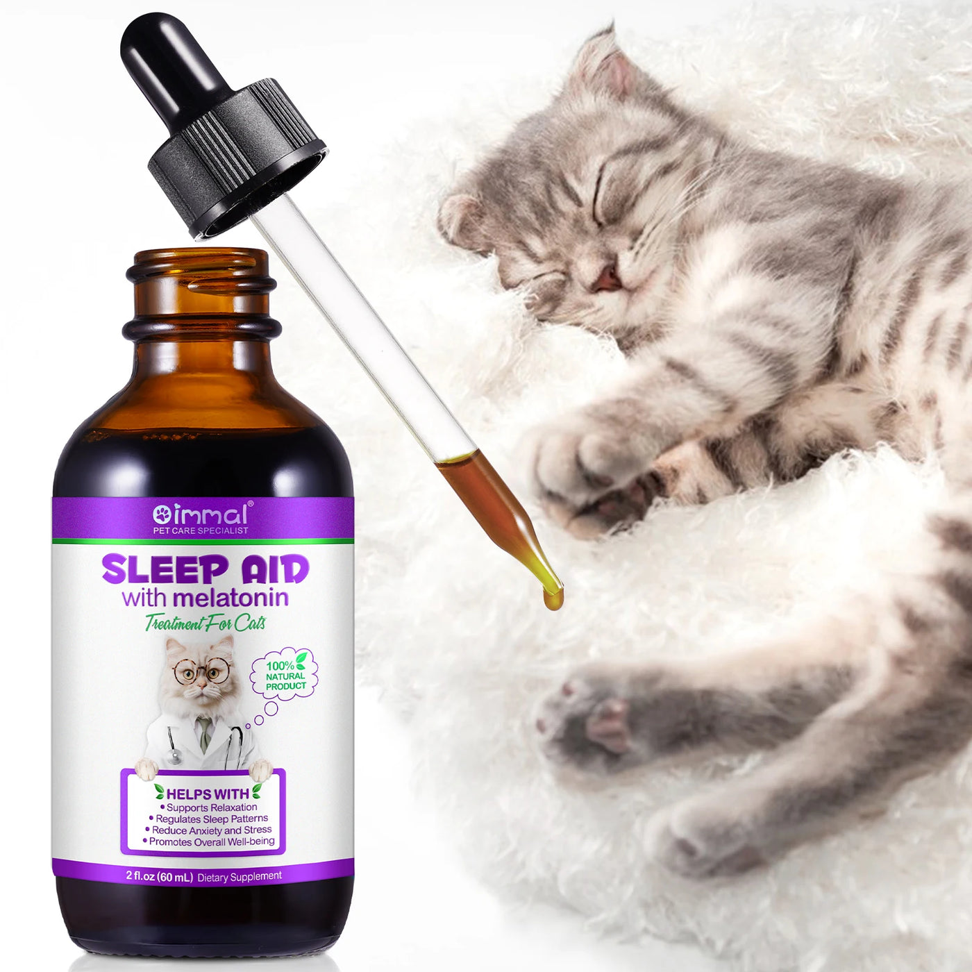 Melatonin for Cats Sleep Aid Supports Healthy Stress Relief Anxiety Relief 100% Natural Liquid Formula Regulates Sleep Patterns