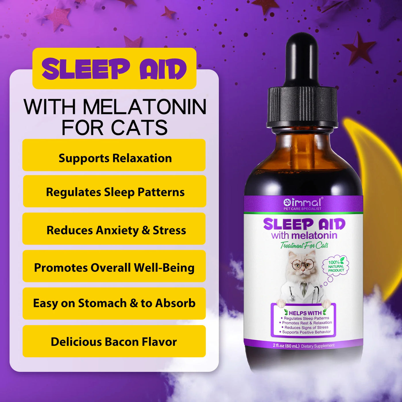 Melatonin for Cats Sleep Aid Supports Healthy Stress Relief Anxiety Relief 100% Natural Liquid Formula Regulates Sleep Patterns